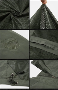 Detailed views of army green outdoor jacket featuring mesh lining and outdoor embroidery
