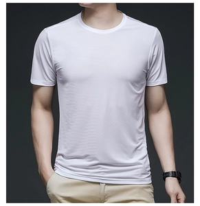 Close-up of white ice silk t-shirt fabric showing breathable mesh texture and crew neck