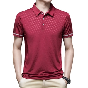 Men's burgundy ice silk polo shirt with short sleeves and white tipped ribbed cuffs