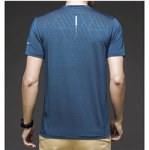 Detail of breathable ice silk fabric with geometric back patterns on men's sport T-shirt