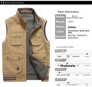 Dettaglio del gilet multitasche in cotone color kaki con collo alto e tasche cargo
