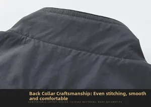 Detail of the stand collar stitching and smooth fabric texture on the dark gray vest