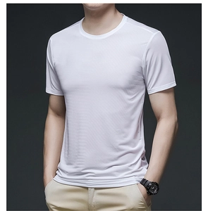 Close-up of white ice silk T-shirt showing breathable mesh texture and round neckline