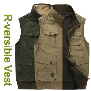 Men Reversible Workwear Vest 100% Cotton Multi Pocket Stand Collar Casual Outdoor Fishing Waistcoat Plus Size Big And Tall Outerwear