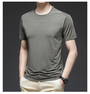 Close-up of the vertical striped texture and breathable ice silk fabric of this tee