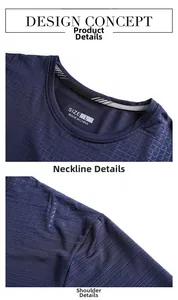 Detail of the crew neck and breathable stripe texture on this navy ice silk t-shirt