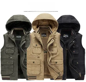 Detail showing multi-pocket cargo vests with fleece lining in green, khaki and black