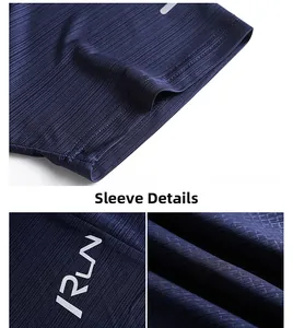 Detail of dark blue quick-dry fabric with white RUN print and sleeve cuff stitching