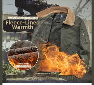 Detail view of military green bomber jacket with thick warm fleece lining and fur collar