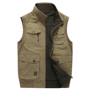 Men's khaki multi-pocket utility vest with stand collar and fashion classic embroidery