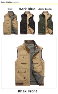 Dettaglio di gilet outdoor da uomo multitasche in kaki, blu navy e verde militare