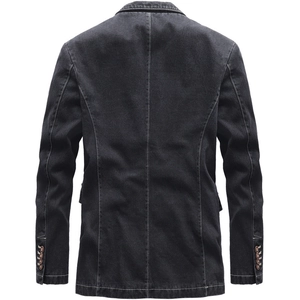 Men's retro charcoal grey denim blazer with contrast stitching and decorative buttons