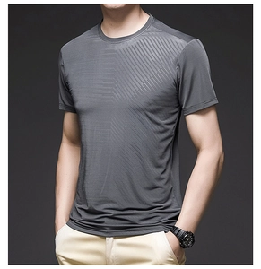 Detail of grey ice silk T-shirt showing breathable micro-grid fabric and crew neck