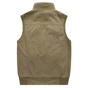 Men's outdoor utility vest with embroidered back detail and ribbed stand collar design