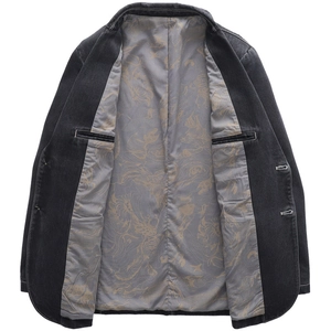 Men's retro dark grey denim suit jacket with traditional Japanese pattern lining