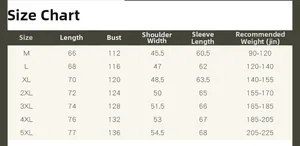 Detailed size chart for men's thermal work jacket including length bust and sleeve measurements