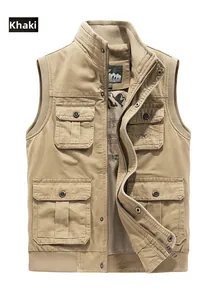 Détails du gilet utilitaire en coton kaki avec broderie étoile et poches fonctionnelles