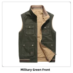 Dettaglio del gilet verde militare con multitasche cargo e colletto a coste a righe