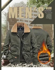 Detailed view of men's army green cargo jacket with thick fleece lining and brown collar