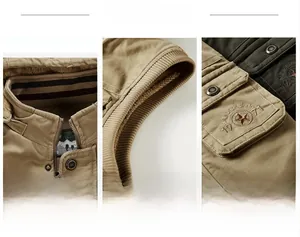 Detail of khaki cargo vest with fleece lining, vintage buttons and star embroidery