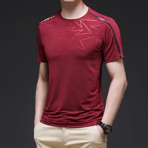 Men's ice silk short sleeve T-shirt in burgundy with breathable mesh and elastic fabric