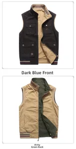Dettaglio del gilet cargo multitasche con colletto a righe e chiusura a zip