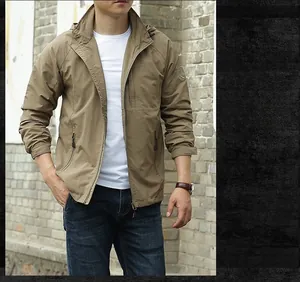 Detailed view of khaki outdoor tactical jacket featuring a circular embroidered sleeve patch