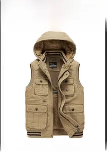 Detail view of khaki utility vest with warm brown fleece lining and hooded design