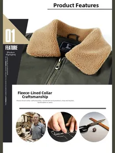 Detail view of military green work jacket with thick sherpa fleece collar and metal zipper