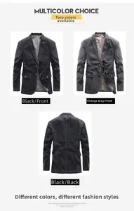 Detail view of denim blazers in black and grey with lapel collars and chest pockets
