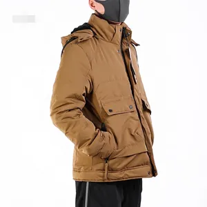 Men's Winter Warm Hooded Down Jacket Solid Color Multi Pocket Puffer Coat Thick Outdoor Windproof Outerwear For Men
