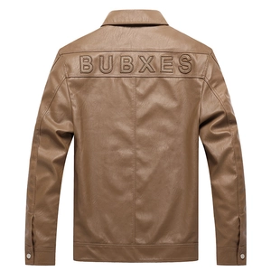Rear view of brown faux leather motorcycle jacket featuring BUBXES embossed lettering