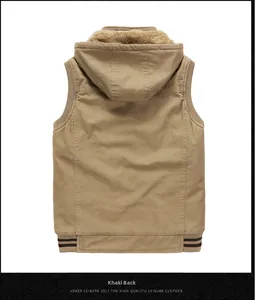 Rear view of khaki hooded fleece vest featuring ribbed hem and durable canvas fabric