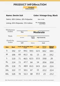 Size chart for slim fit denim blazer showing chest, length, shoulder, and sleeve measurements