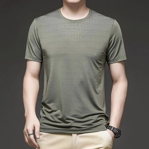 Men's olive green ice silk t-shirt featuring a crew neck and breathable micro-texture fabric