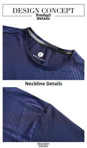 Close-up detail of dark blue quick-dry T-shirt showing breathable micro-mesh fabric texture