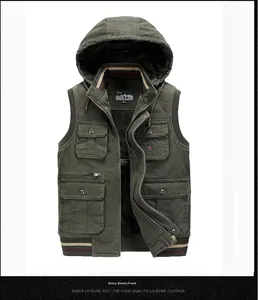 Detail of military green hooded vest featuring multiple utility pockets and warm fleece lining