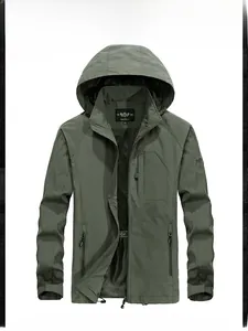 Army green waterproof outdoor jacket featuring hood and multiple zip pockets