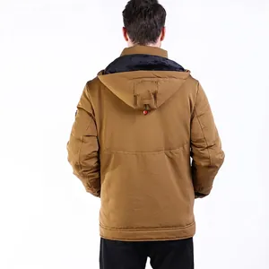 Men's hooded winter jacket in camel brown with warm fleece lining and windproof fabric