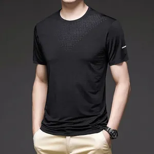 Men's ice silk black short sleeve T-shirt with high elastic geometric texture