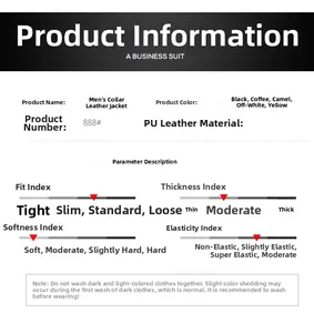 Size chart and technical specifications for men's faux leather biker jacket