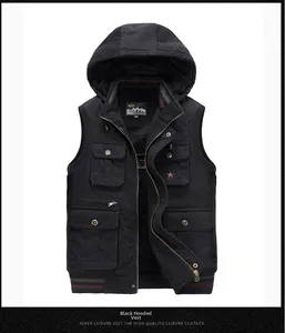 Front view of men's dark blue fleece-lined hooded utility vest with four pockets