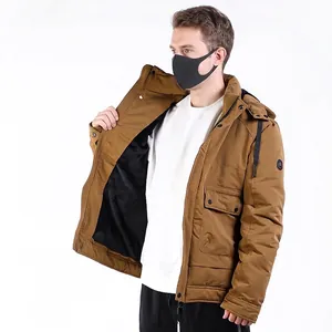 Men's winter hooded work jacket in tan with warm black fleece lining and cargo pockets