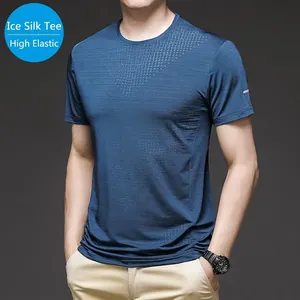 Navy blue ice silk short sleeve T-shirt for men with high elastic fabric for sports