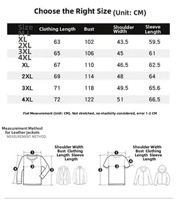 Size guide table for men's leather biker jacket showing chest and length measurements in cm