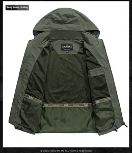 Detail view of army green hooded jacket showing breathable mesh lining and inner pocket