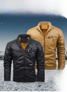 Detail of men's faux leather jacket with stand collar and quilted shoulder stitching