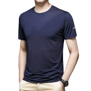 Men's ice silk short sleeve T-shirt in dark blue with breathable mesh for summer sports