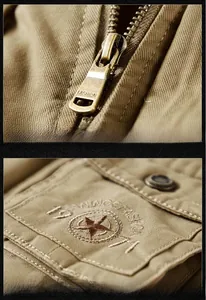 Macro shot of durable metal zipper and embroidered pocket on khaki cargo vest