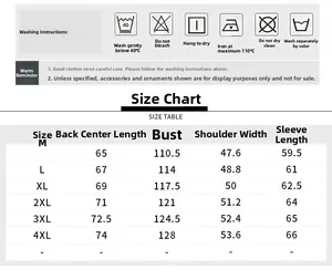 Tableau des tailles détaillé pour veste homme avec mesures du M au 4XL pour précision